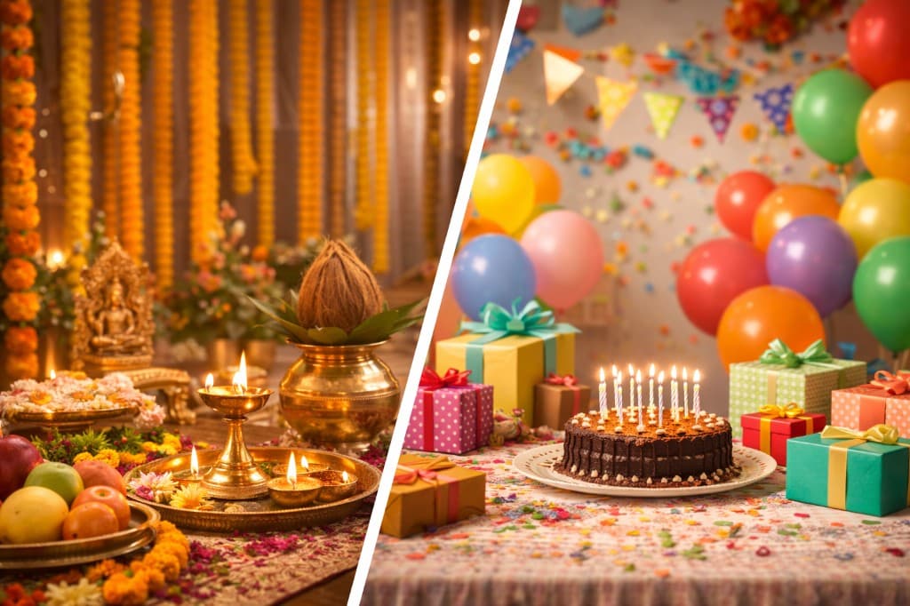 Split view: traditional Hindu birthday puja with brass diyas, kalash, marigolds, and offerings; Western-style party with chocolate cake, lit candles, balloons, and gifts