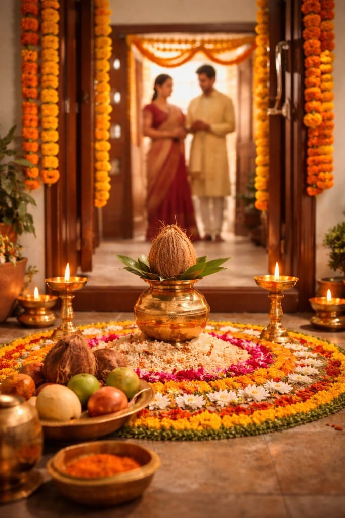 Griha Pravesh setup with brass kalash, coconut, mango leaves, marigold rangoli, and lit diyas at a decorated home entrance