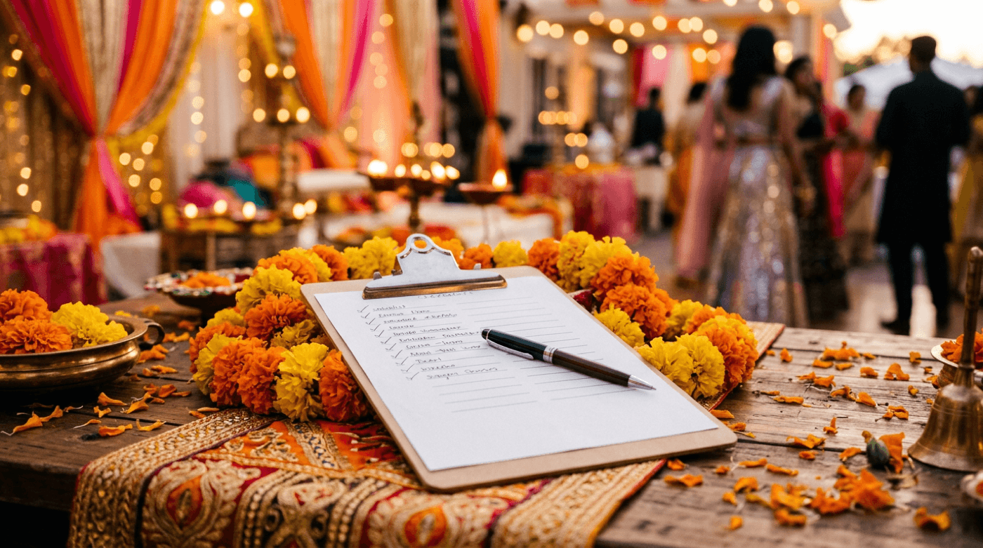 Stylized still life: invitation planning checklist on clipboard, pen, marigold accent, warm bokeh