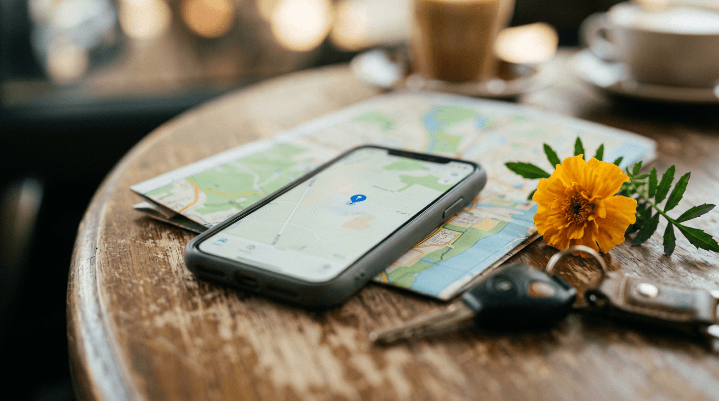 Stylized still life: phone with map pin, map corner, keys, marigold—sharing venue directions with guests