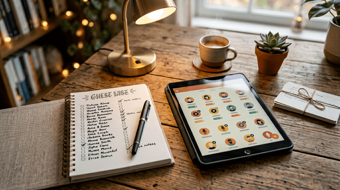 Stylized still life: guest planning checklist, device and pen, warm desk lighting