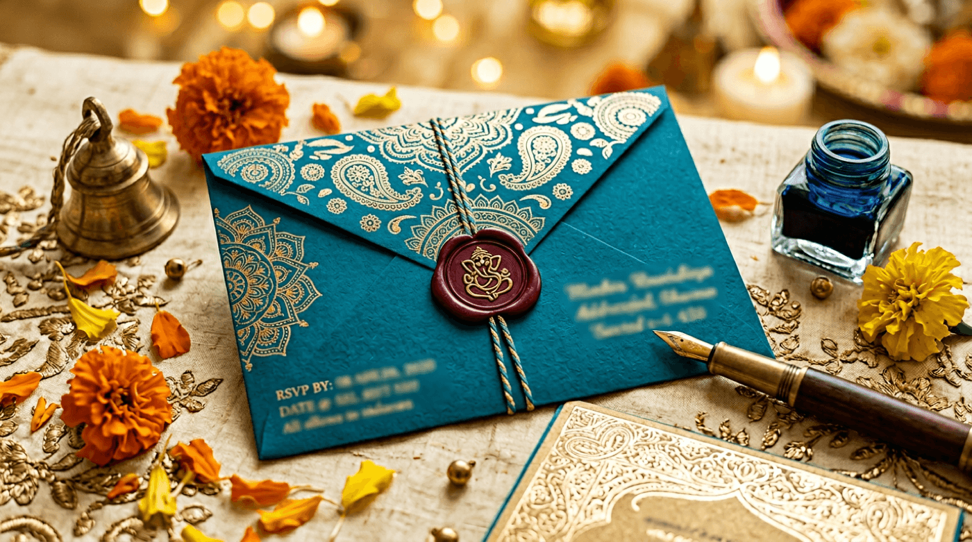Stylized still life: elegant invitation envelope, pen, seal accent, marigold, RSVP context