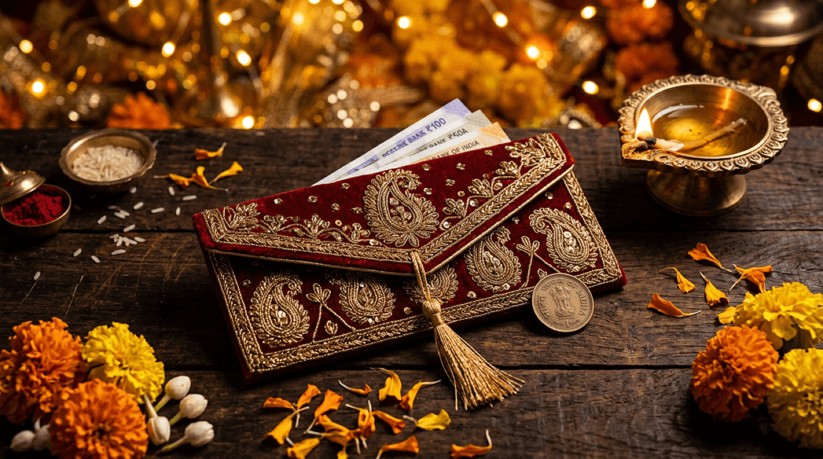 Stylized still life: shagun envelope, marigold, one-rupee coin accent, warm festive bokeh