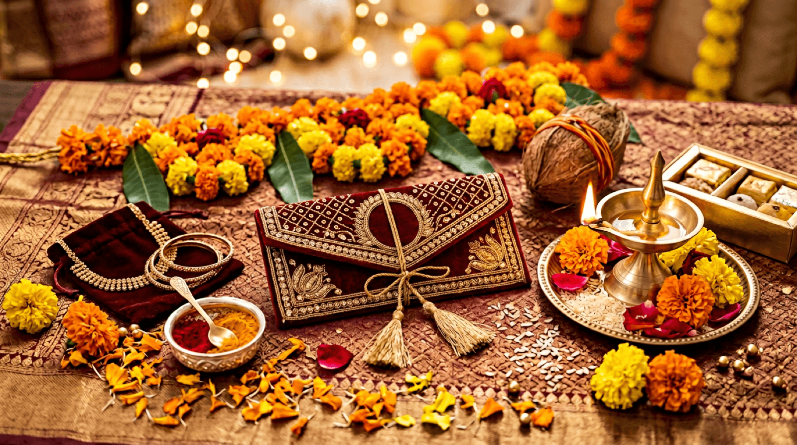 Stylized still life: ceremonial shagun envelope, marigold, diya, auspicious gold-toned bokeh