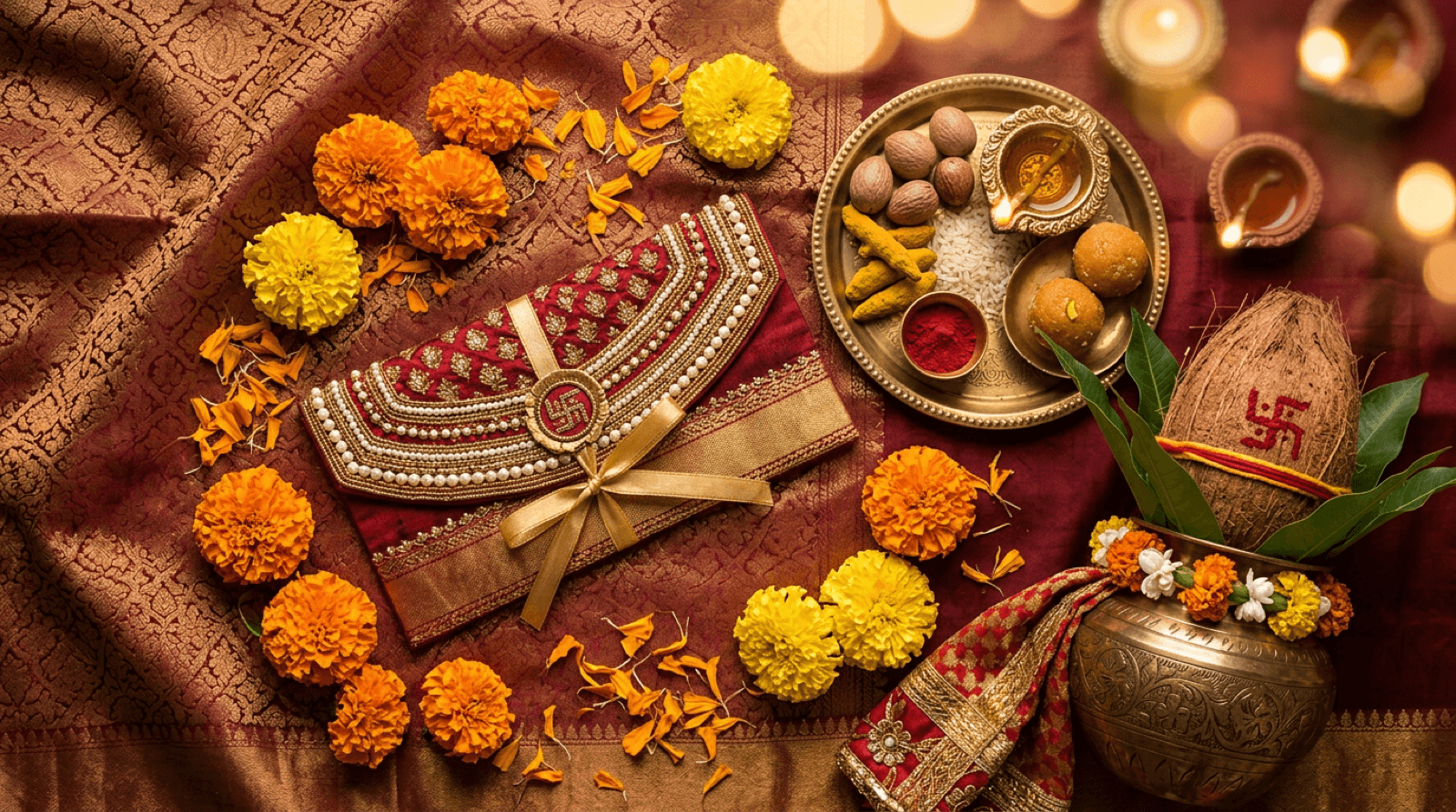 Stylized still life: premium shagun envelope, marigold, brass kalash accent, warm blessing mood