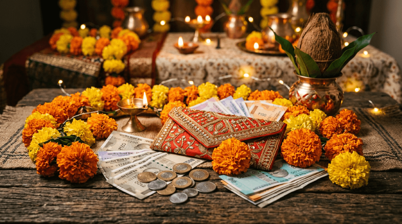 Stylized still life: Indian shagun with coins, notes, marigold, envelope, and warm festive lights