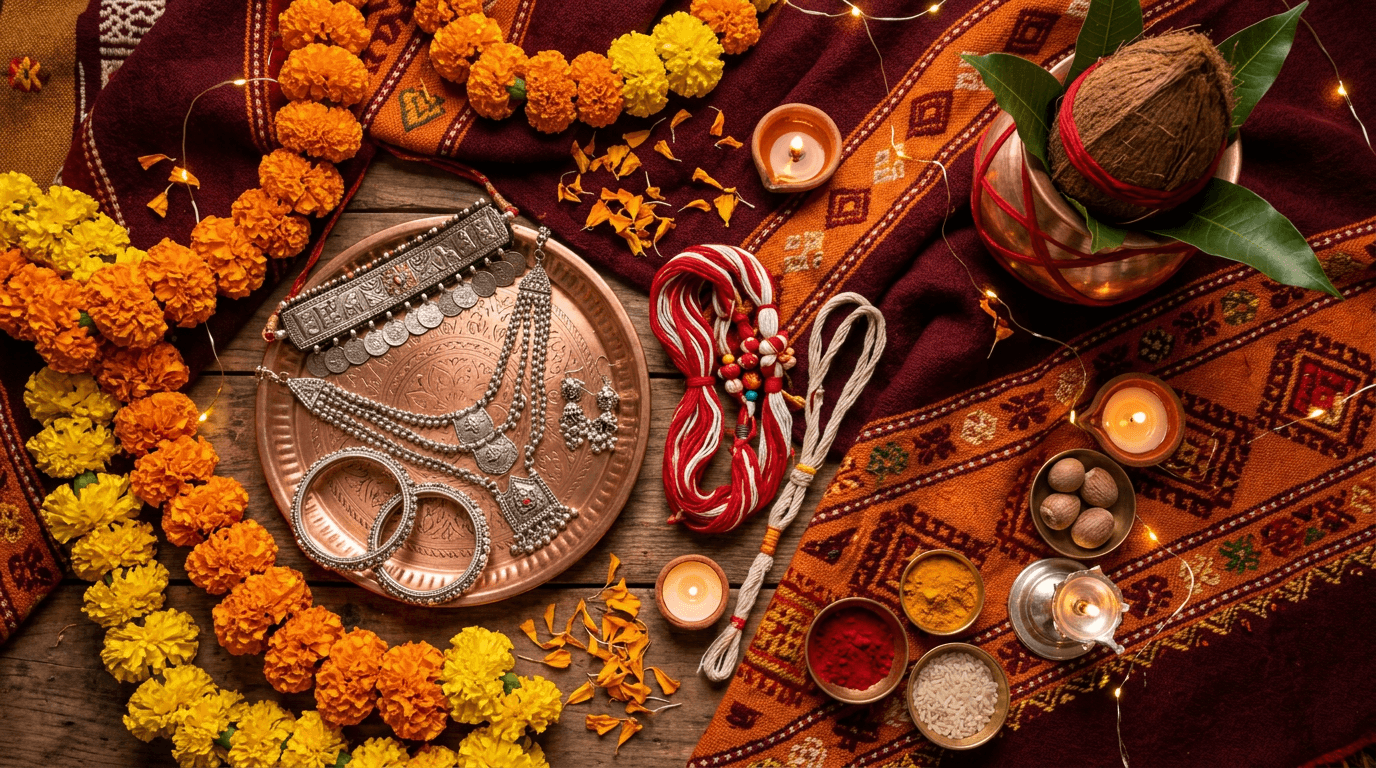 Stylized still life: wool textile, silver jewellery, marigold, sacred thread motif