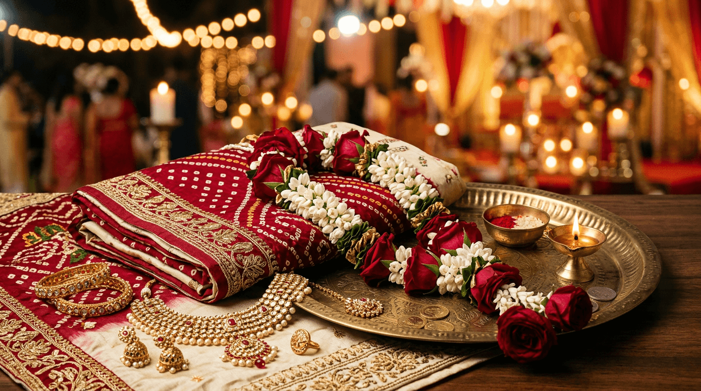Stylized still life: red and cream bandhani, gold jewellery, rose garland on a brass plate