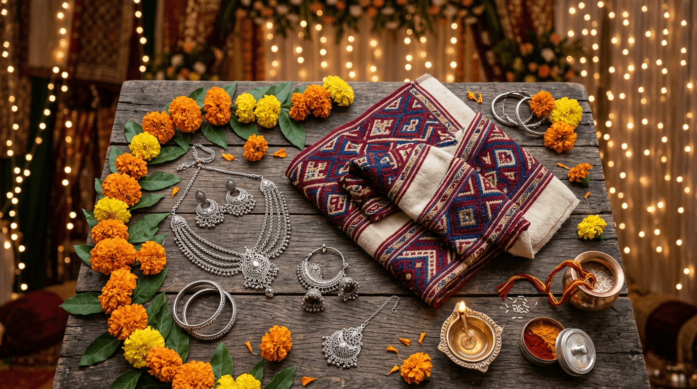 Stylized still life: wool shawl, silver ornaments, marigolds, warm fairy lights