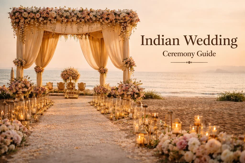 Indian wedding mandap setup by the seaside with floral decor and aisle candles