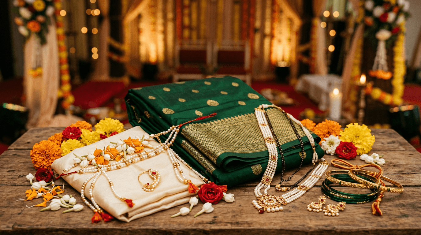 Stylized still life: green and gold nauvari silk, pearl and gold jewellery, floral wedding headpiece on fabric