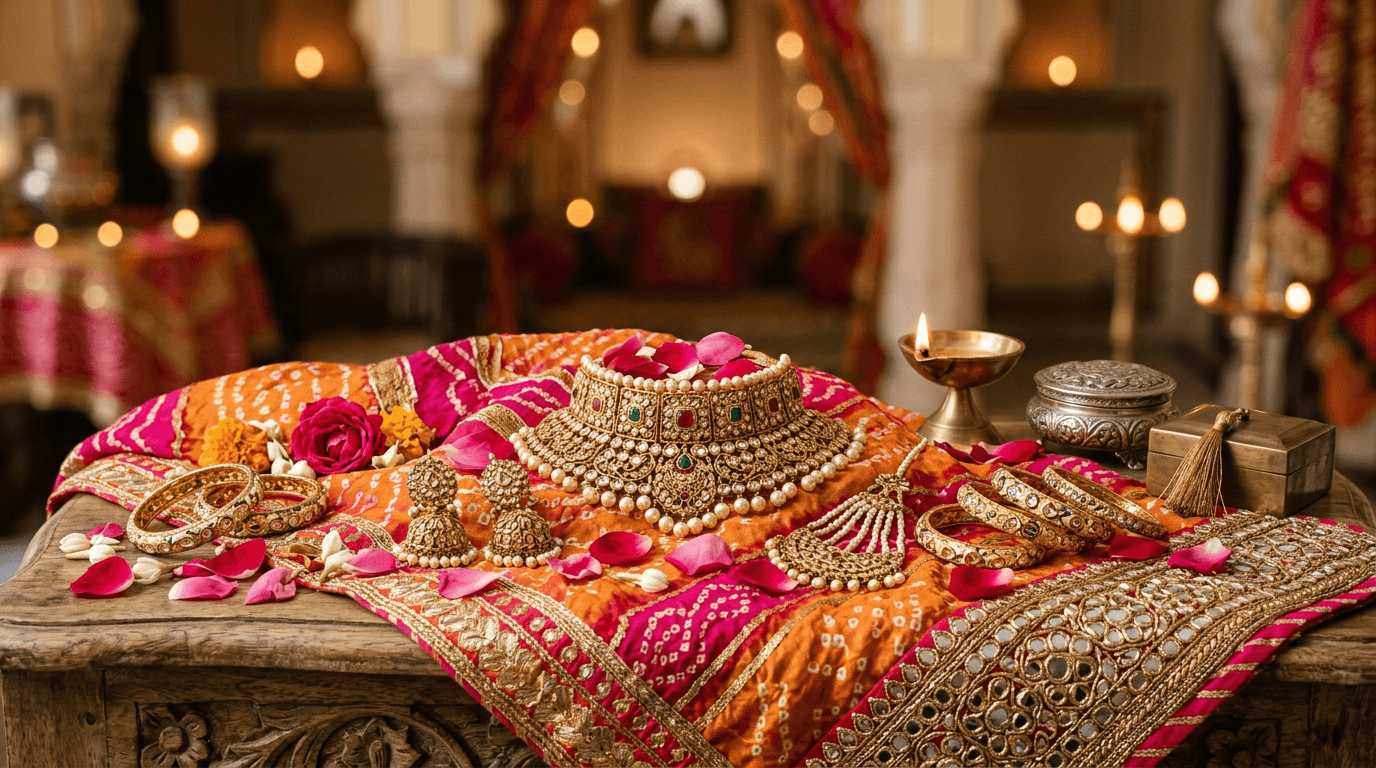 Stylized still life: bandhani leheriya fabric, antique gold jewellery, rose petals, mirror-work textile