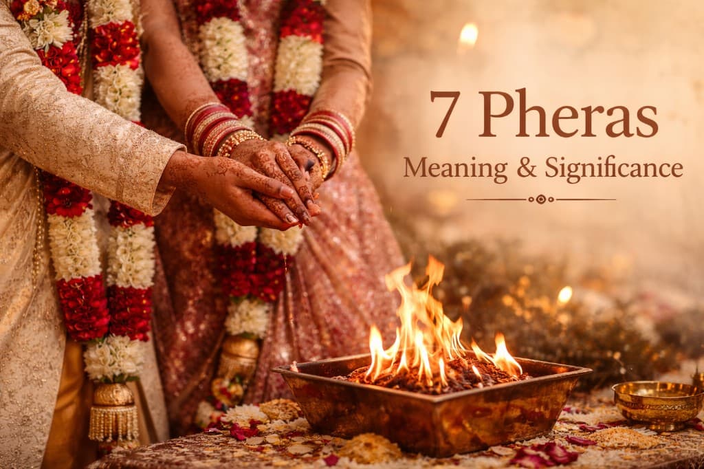 Bride and groom taking pheras near sacred fire during Hindu wedding ritual