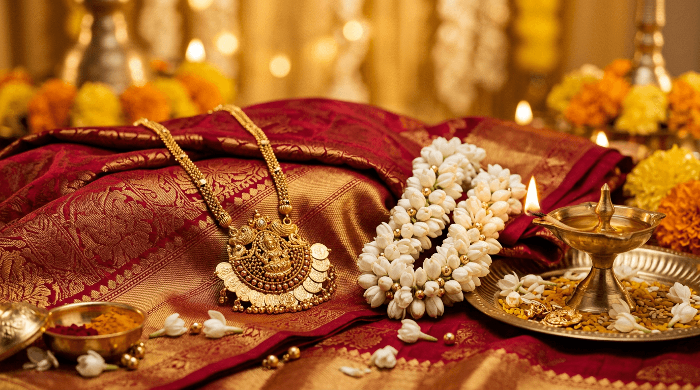 Stylized still life: gold thali necklace, jasmine, Kanjivaram-style silk folds, brass vilakku