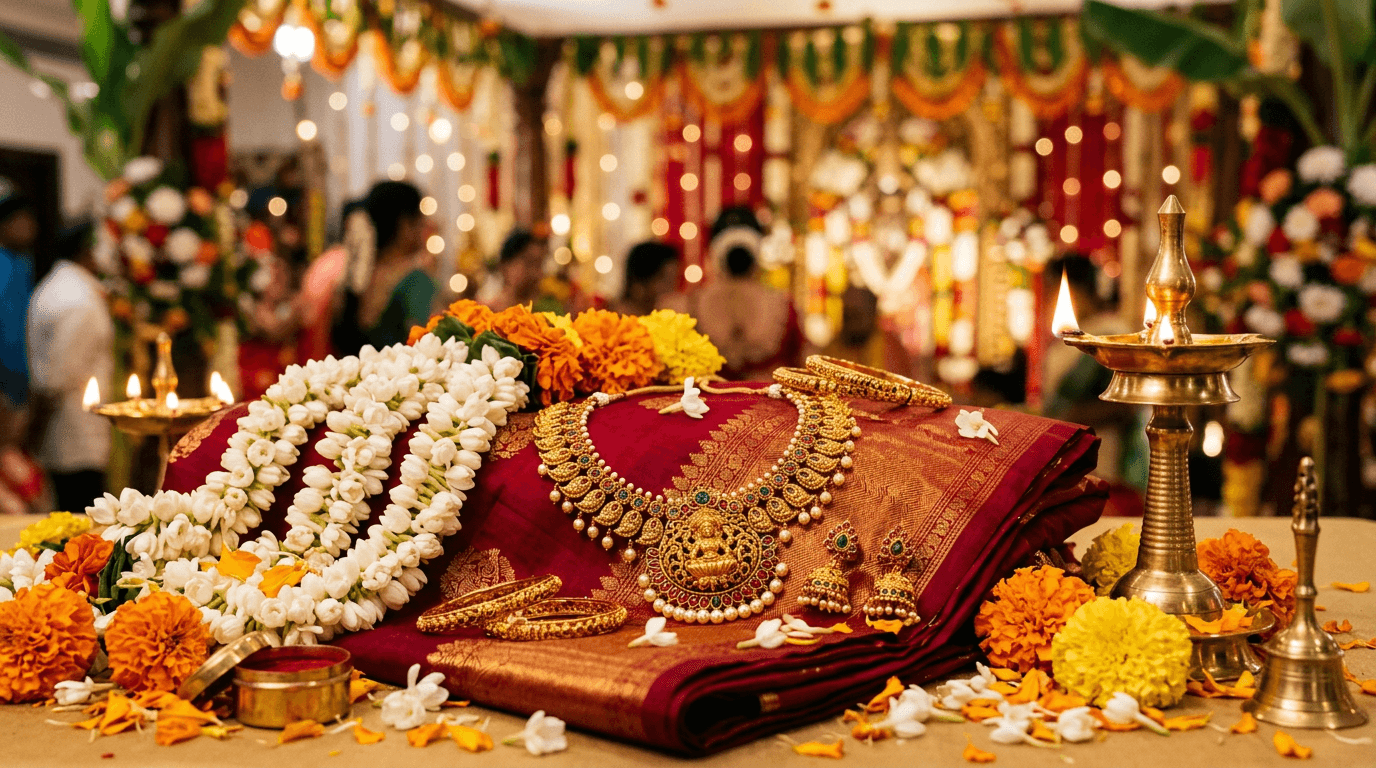 Stylized still life: gold temple jewellery on silk, jasmine gajra, marigold accents, brass lamp glow